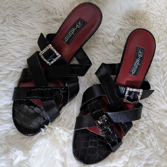 Brighton Leather Buckle Sandals heels, Italy, size 9, black, silver, 2.5" - Picture 2 of 6